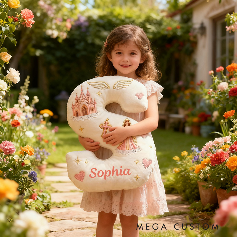 Personalized Virgin Mary Letter Pillow with Custom Name Kid Room Decor Church Cross Angel Wing Religious Faith Gift for Her Graphic 3D Print Pillow