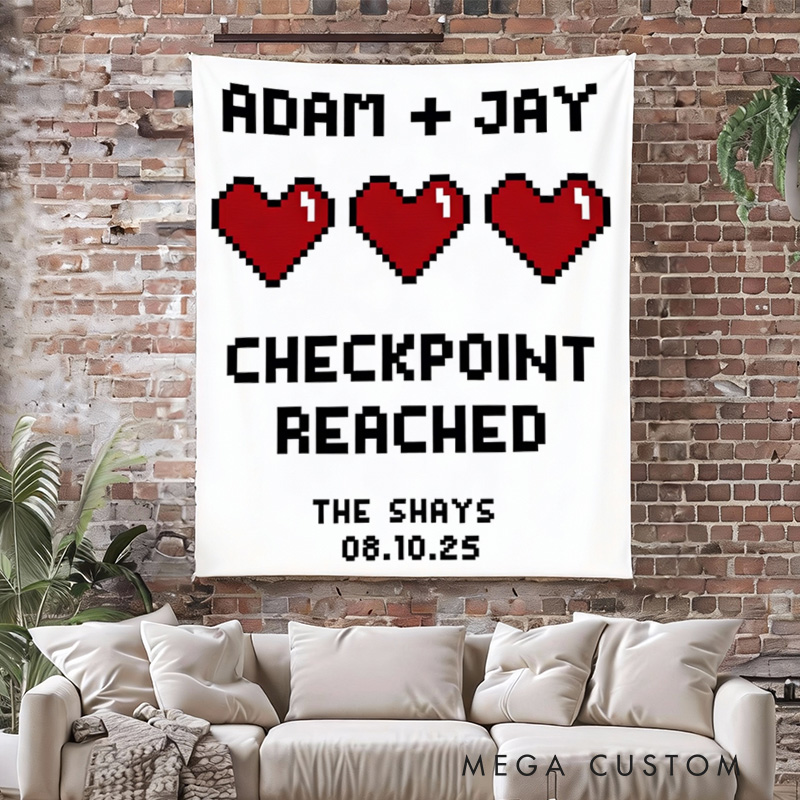 Personalized Checkpoint Couple Tapestry Pixel Art Retro Video Game Tapestry Gift for Nerdy Wedding  Gaming Room Decor for Couples