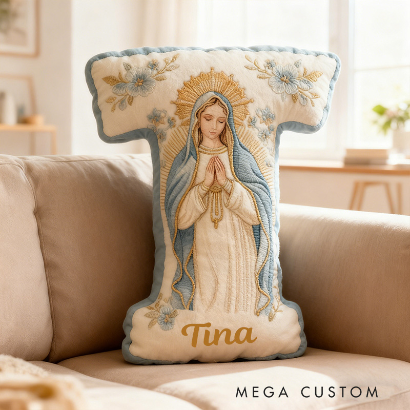 Personalized Virgin Mary Letter Pillow with Custom Name Religious Home Decor Catholic Gift for Her Prayer & Faith Gift Floral Graphic 3D Print Pillow