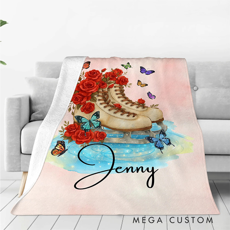 Personalized Birth Flower Ice Skates Blanket Flannel Blanket Figure Skater Blanket with Name for Ice Skating Lovers Birthday Gift for Girls