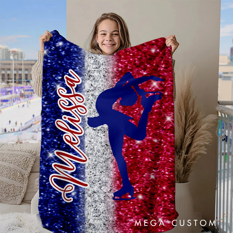 Personalized Skating Girl Silhouette Blanket Flannel Blanket Figure Skater Blanket with Name for Ice Skating Lovers Birthday Gift for Girls