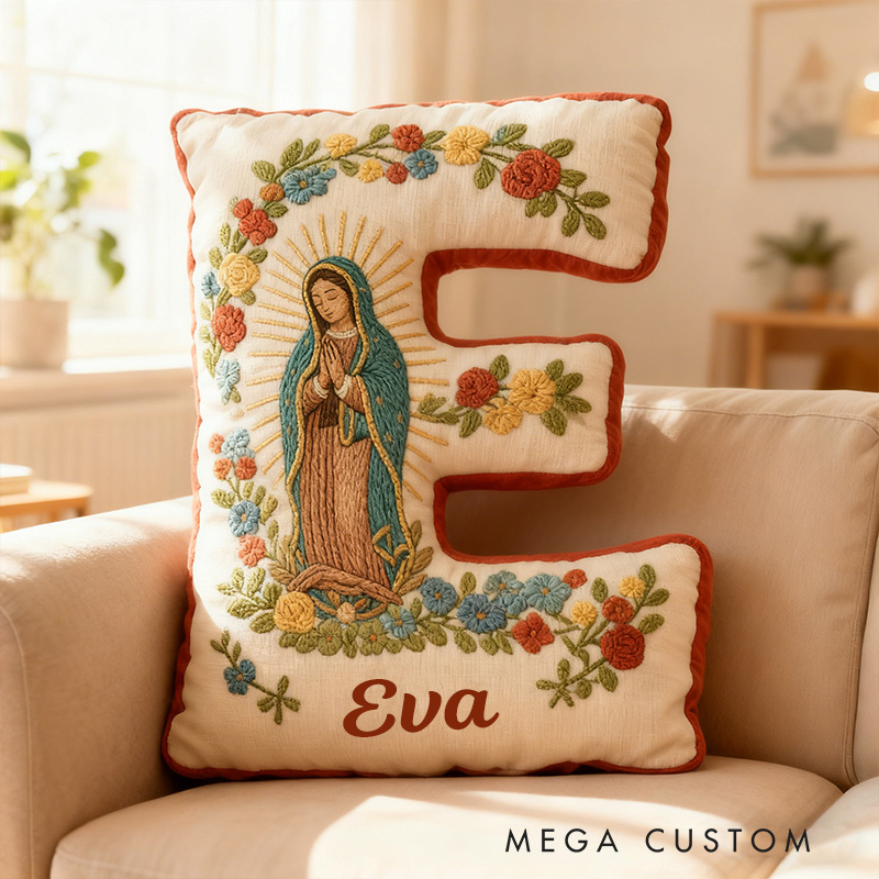Personalized Virgin Mary Letter Pillow with Custom Name Faith Christian Home Decor Catholic Gift for Her Our Lady of Guadalupe Floral Graphic 3D Print