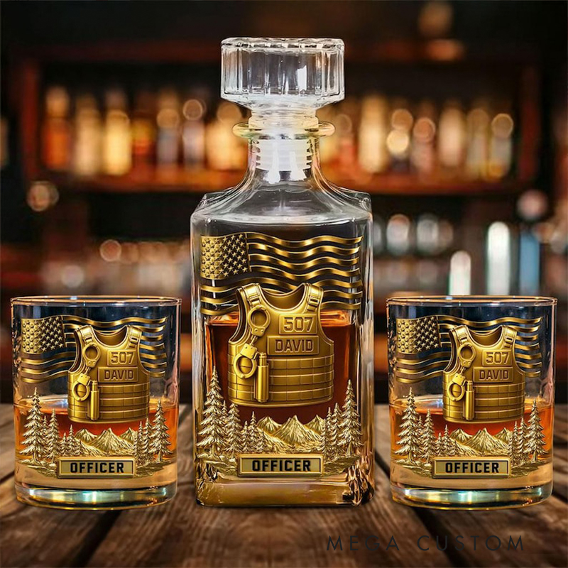 Personalized Police Whiskey Decanter Set Custom Name and Badge Number Gift for Police Officers