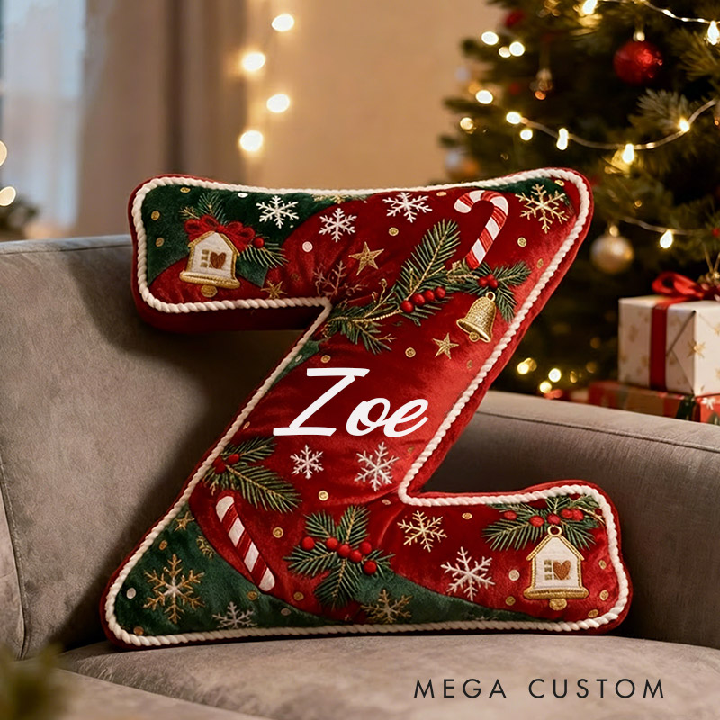 Personalized Christmas Initial Pillow Graphic 3D Print Custom Name Festive Holiday Decor Cozy Home Accent Soft Cushion Gift for Kids Family