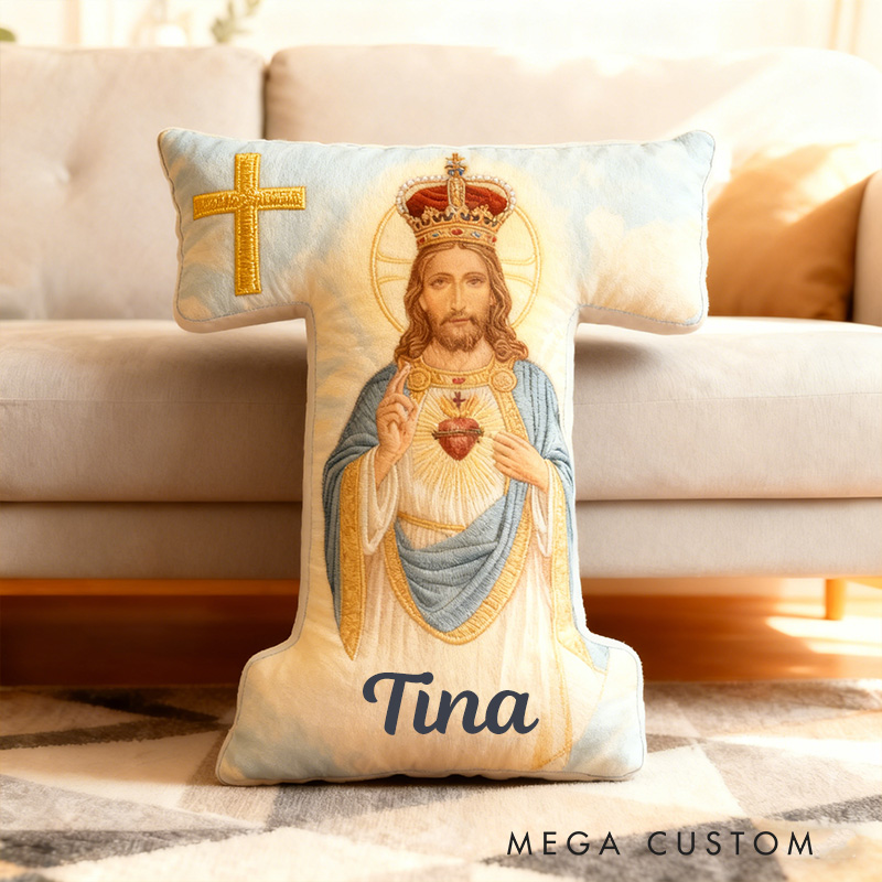 Personalized the Sacred Heart of Jesus Letter Pillow with Custom Name Religious Home Decor Christian Gift for Prayer & Faith Graphic 3D Print Pillow