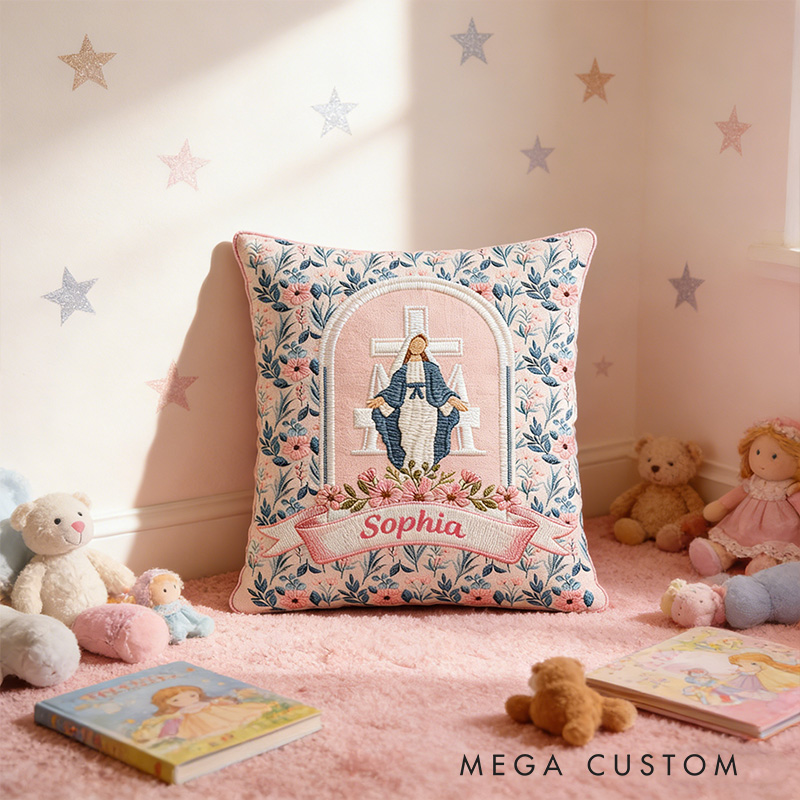 Personalized Virgin Mary Floral Pillow with Custom Name Home Decor Religious Gift Catholic Gift for Her Cross and Marian Graphic 3D Print Pillow