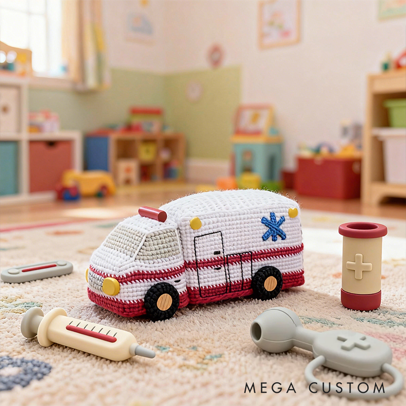 Handmade Crochet Vehicle Toys Fire Truck Ambulance Police Car and Taxi Pattern Kit or Finished Toy