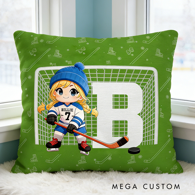 Personalize Your Childs Ice Hockey Pillow with Custom Name and Number