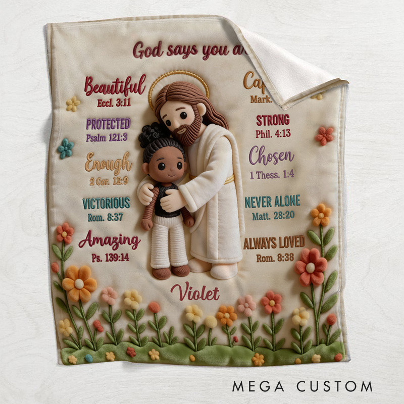 Personalized God Says You Are Soft Throw Christian Blanket with Custom Name and Photo Jesus Embracing You Graphic 3D Print Blanket Religious Gift