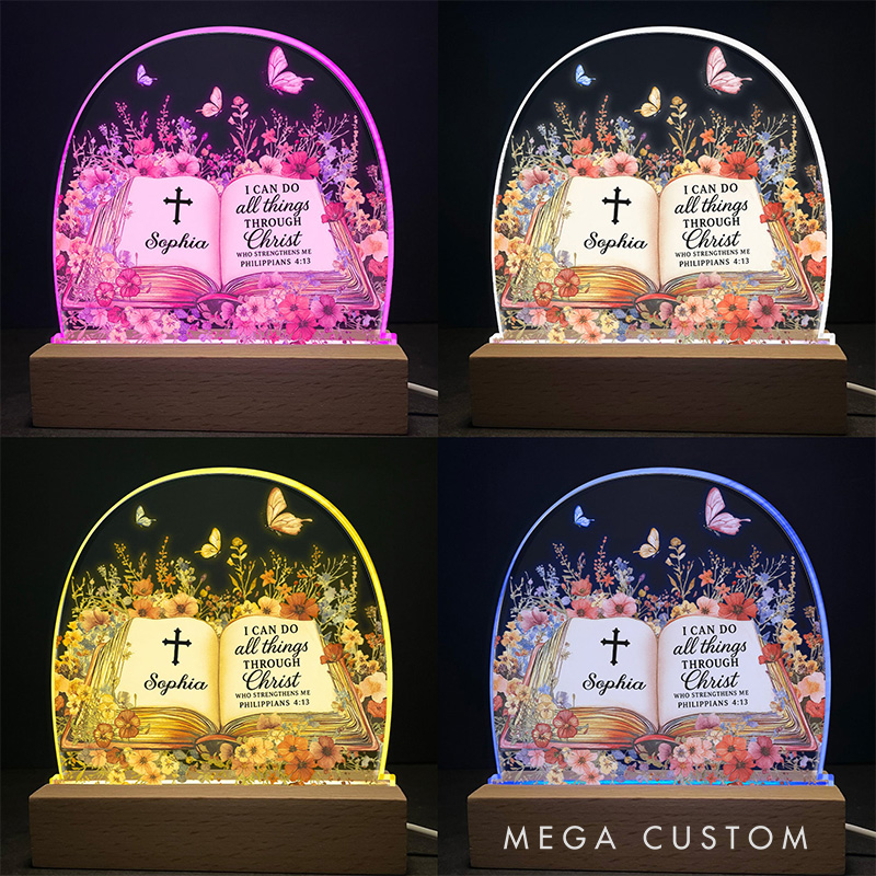Personalized Name with Book of Favorite Bible Verses LED Night Light Home Decor Butterfly and Floral Night Light Religious Christian Gift for Her