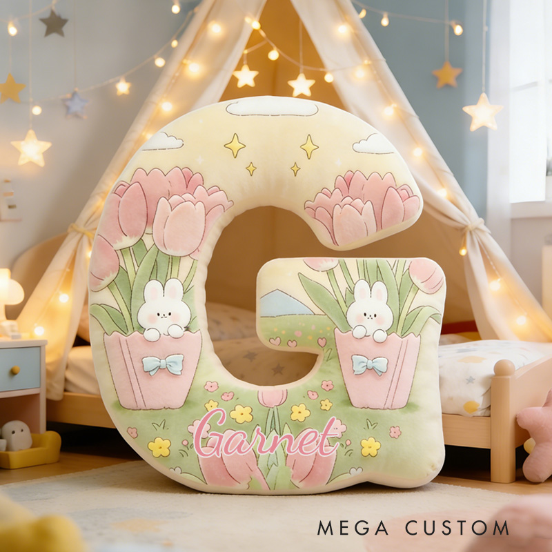 Personalized Rabbit and Tulip Throw Pillow Graphic 3D Print Tulip Pillow with Name for Girl Boy Kids Gardening Lover Christmas Gifts Loving Room Decor