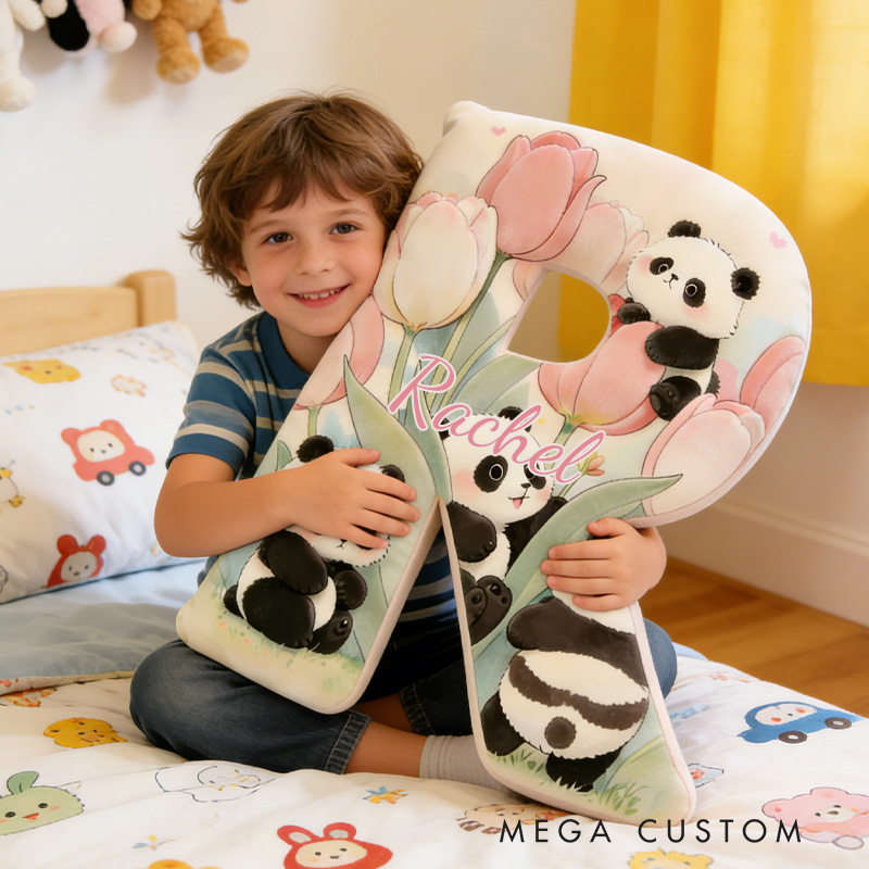 Personalized Panda and Tulip Throw Pillow Graphic 3D Print Tulip Pillow with Name for Girl Boy Kids Gardening Lover Christmas Gifts Loving Room Decor