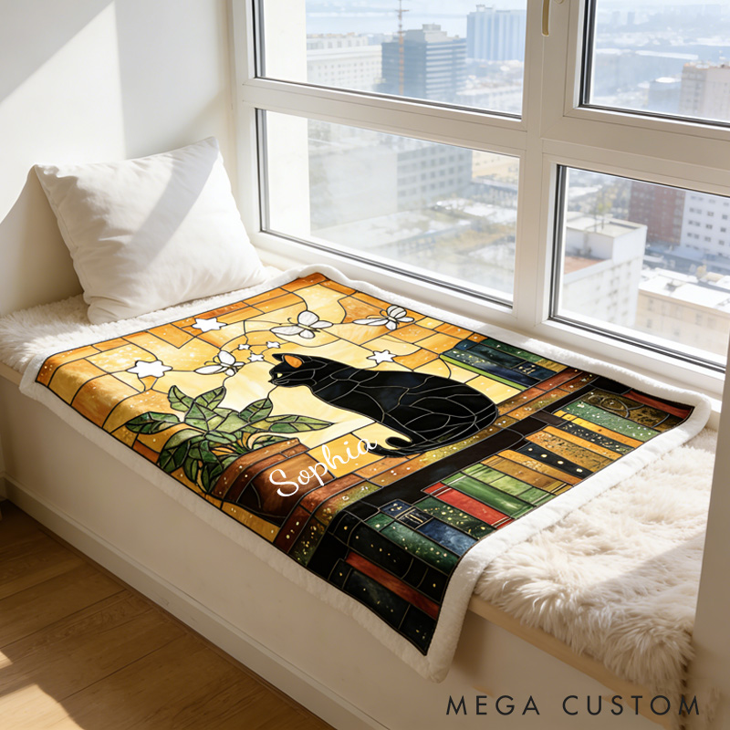 Personalized Stained-Glass Style Books Throw Blanket Custom Book and Cat Blanket for Book Lovers Reader Bookish Bookworm Librarian Gift