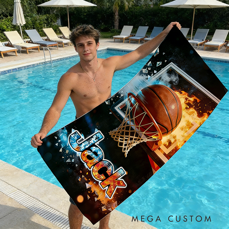 Personalized Basketball Magnetic Beach Towel with Custom Name for Basketball Enthusiasts and Outdoor Lovers