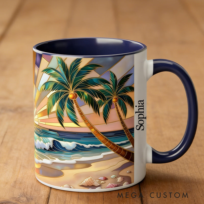 Personalized Beach Sunrise Stained Glass Style Mug Custom Name for Traveling Lovers