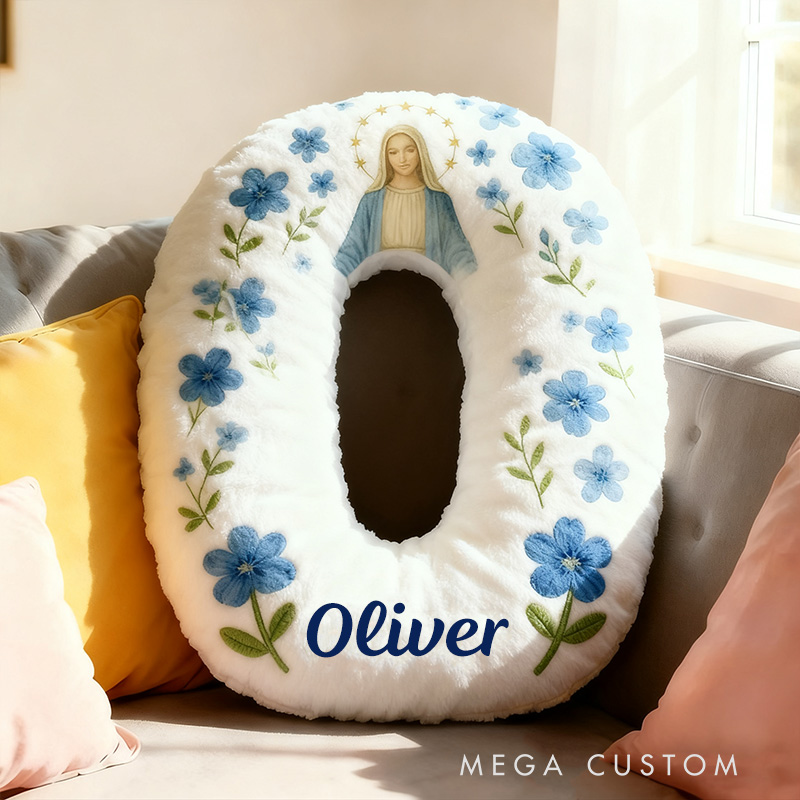 Personalized Catholic Virgin Mary Letter Pillow with Name Home Decor Our Lady Pillow Blue Floral Catholic Marian Pillow Christian Gift for Women