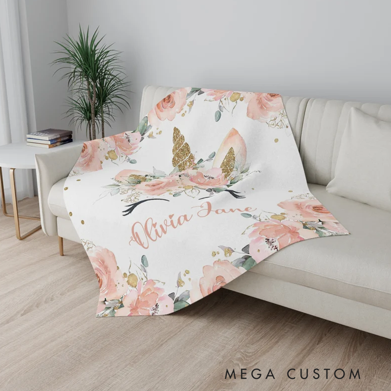 Personalized Christmas Blanket Kids Custom Name Blanket Pink Flowers Magic Girl Room Decor Kids Custom Name Gift Magic Throw Best Fan Gift