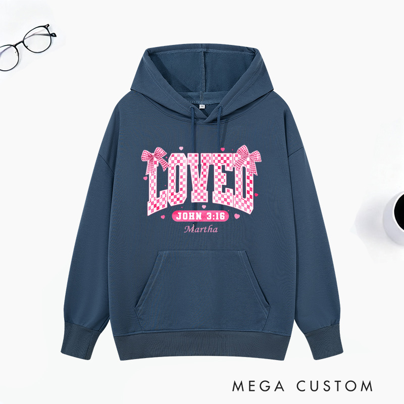 Personalized Checkered Loved John 3:16 Bible Verse Classic Hoodies with Name Retro Hoodies Religious Gift Valentines Day Gift for Couple