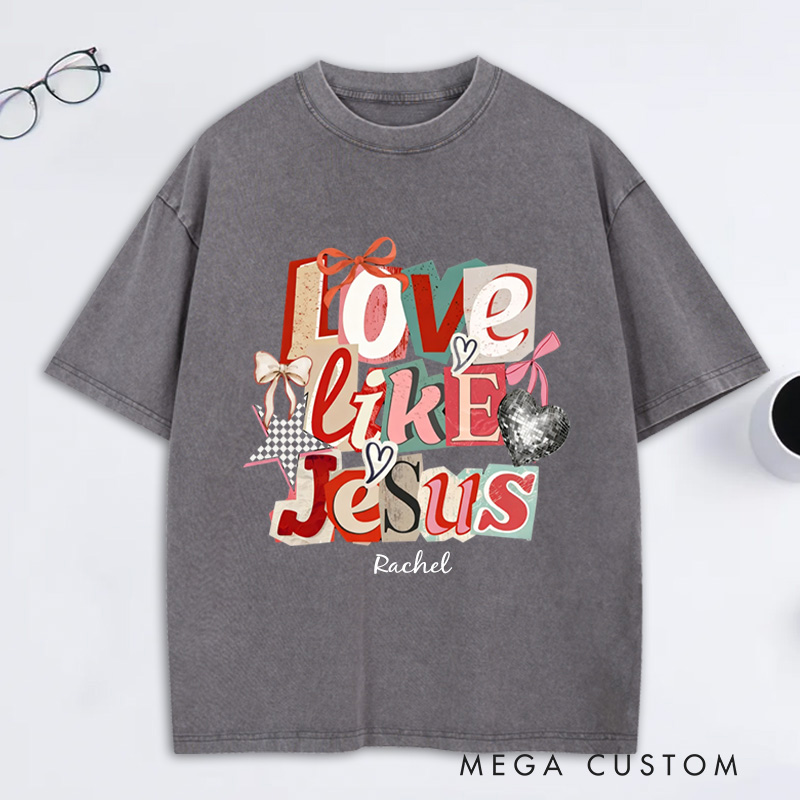 Personalized Love Like Jesus Vintage Washed T-Shirt with Custom Name Preppy Valentine’s Day Checkered Tee Coquette Jesus Shirt Valentine’s Day Gift