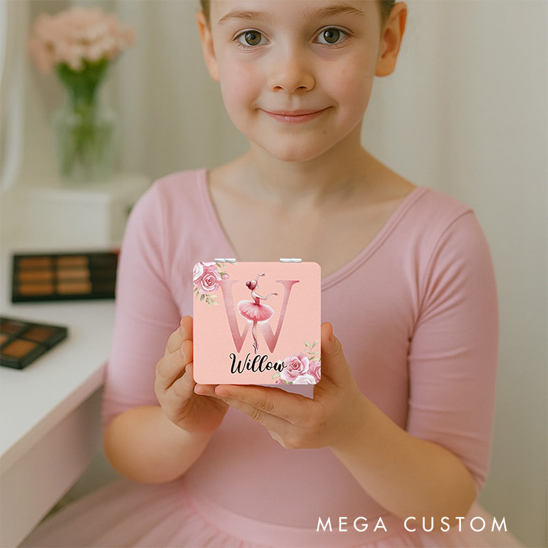 Personalized Ballerina Alphabet Floral PU Leather Makeup Mirror Dance Team Gift Dancer Gift Travel Hair Case for Dancer Dance Lover Kids