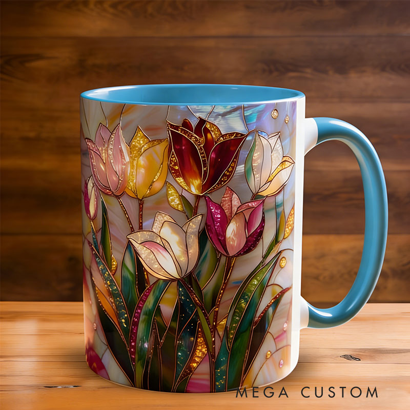 Personalized Stained Glass Print Tulip Mug Floral Art Mug Custom Name for Gardening Lovers