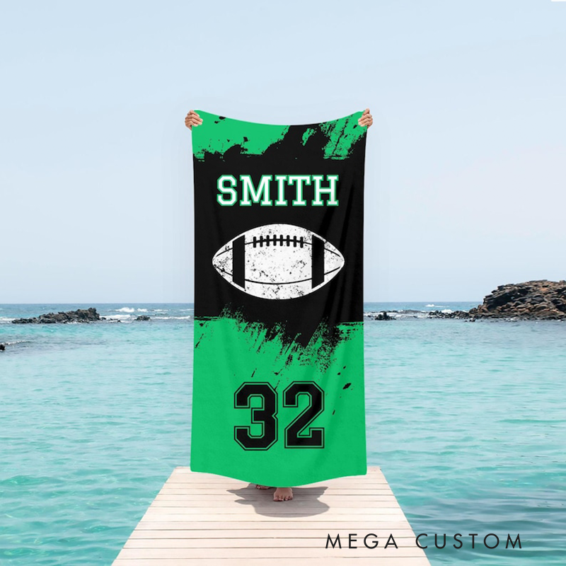 Personalized Football Beach Towel with Custom Name Number and Bold Dynamic Football Design Perfect for Fans Players and Outdoor Activities