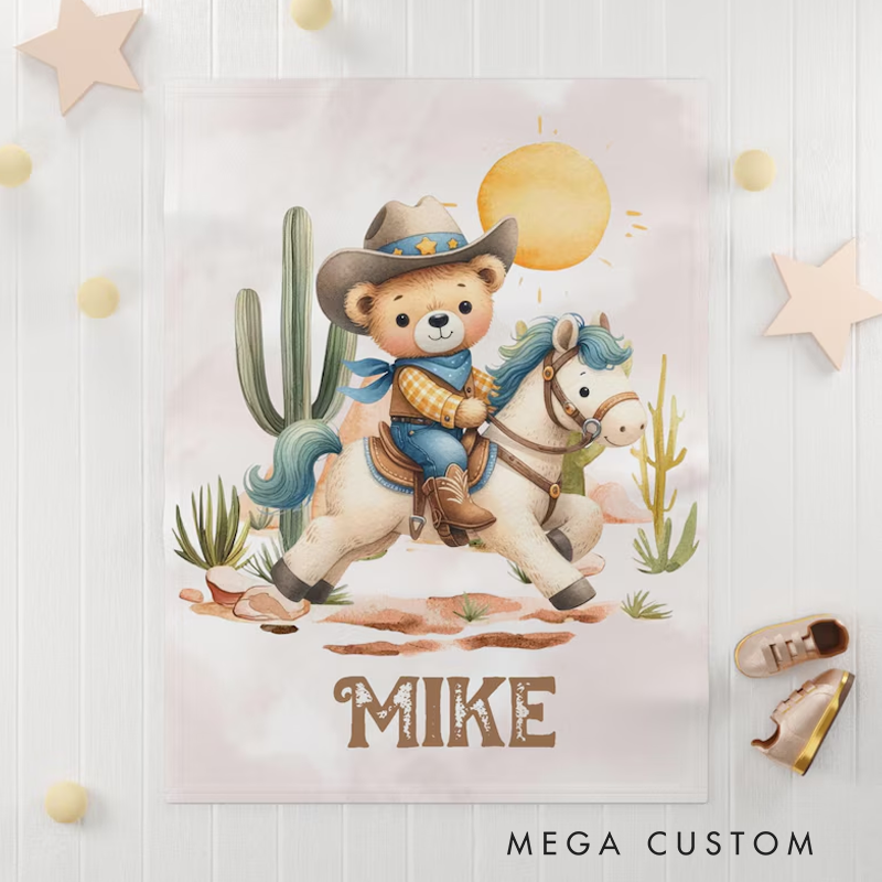 Personalized Cowboy Horse Blanket Personalized Western Nursery Blanket Toddler Animals Throw Kids Custom Name Blanket Baby Shower Gift For Boys