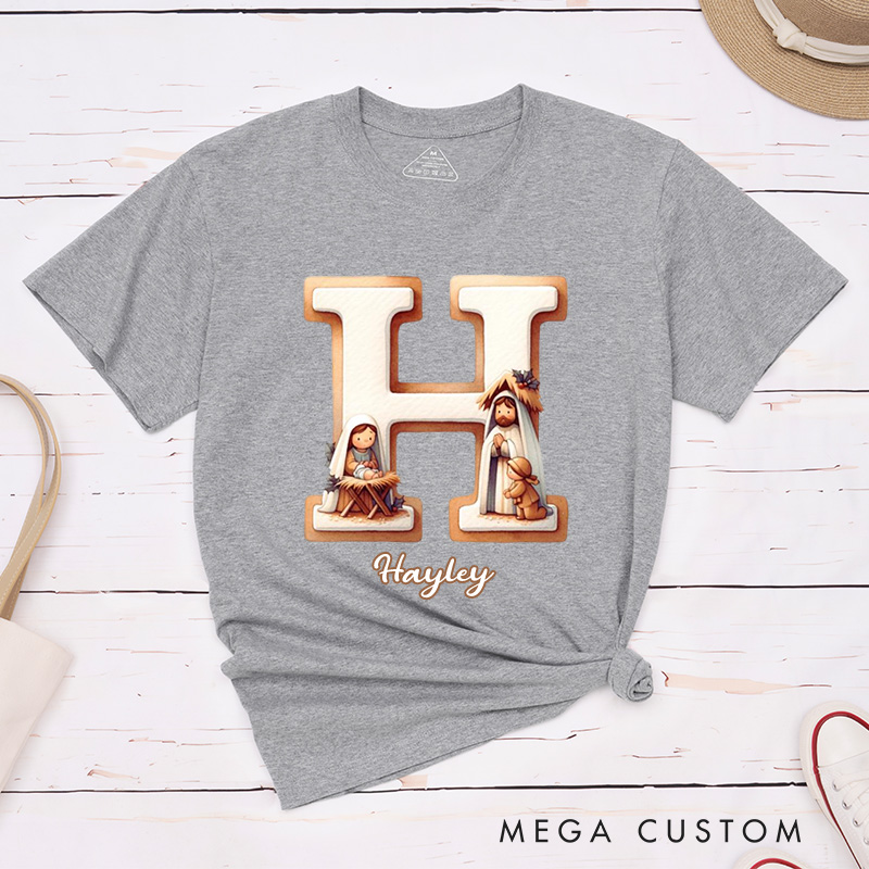 Personalized Nativity Scene Classic T-Shirt with Initial and Name Christian Shirt Religious Gift Faith Gift for Christians