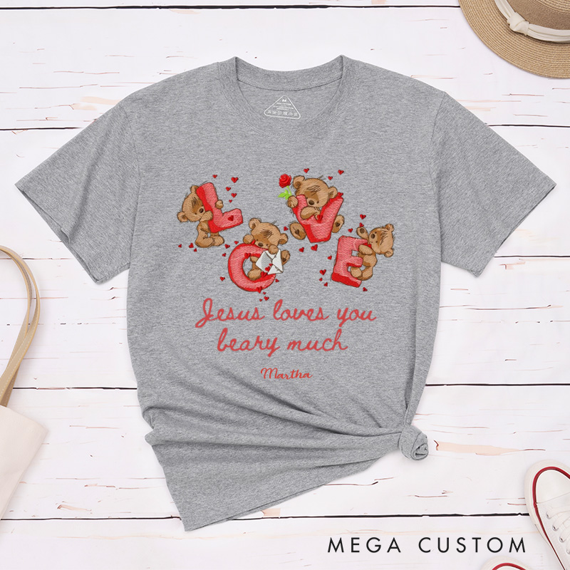 Personalized Jesus Loves you Beary Much Retro Bear Heart Valentine Classic T-Shirt with Name Christian Shirt Religious Gift Valentine's Day Gift for Her