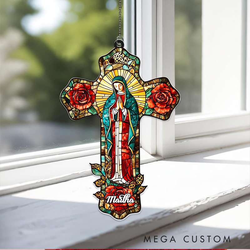 Personalized Lady of Guadalupe Cross Suncatcher with Custom Name Religious Virgin Mary Window Decor Mother of God Catholic Gift for Her