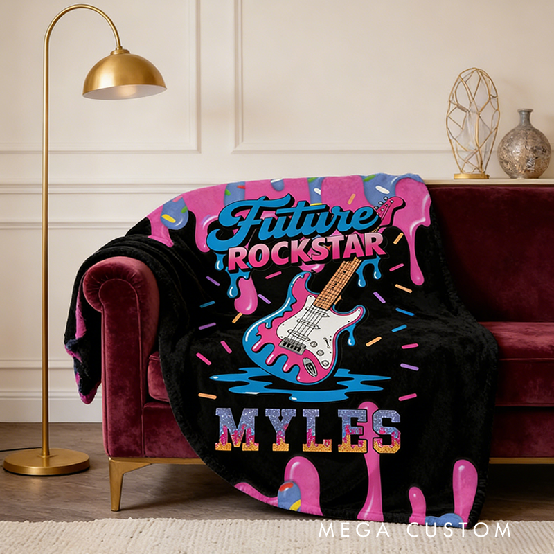 Personalized Future Rockstar Blankets for Kids with Name Electric Guitar Blanket Boys Room Decor Cool Custom Kids Blanket Music Lovers