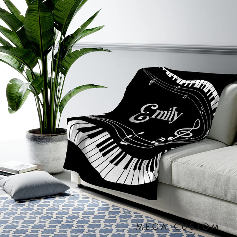 Personalized Piano Blanket Music Blanket Custom Name Velveteen Plush Blankets Gift for Piano Lover