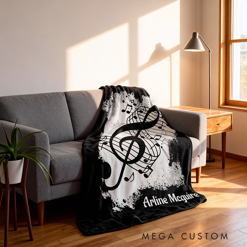 Personalized Music Notes Blanket Treble Clef Throw Blanket Music Lover Gift Custom Musician Blanket Black and White Musical Decor