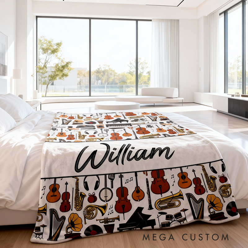 Personalized Music Blanket Custom Name Blanket Gift for Musician and Music Lover