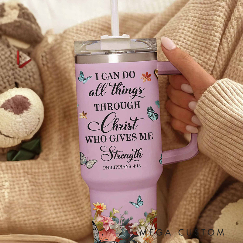 Personalized I Can Do All Things Through Christ 40oz Tumbler with Custom Name Handle and Straw Insulated Large Water Bottle Cup Religious Gift for Her