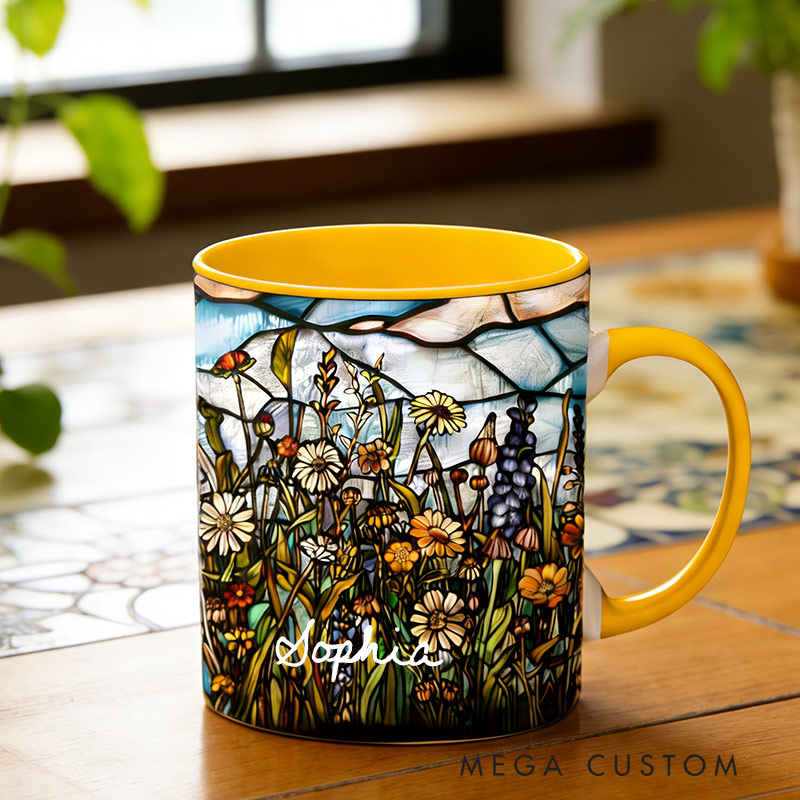 Personalized Stained Glass Wildflower Haven Mug Custom Name for Gardening Lovers