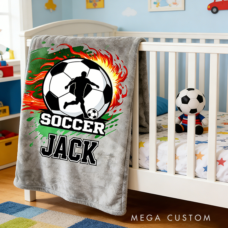 Personalized Soccer Blanket with Custom Name and Fiery Design for Soccer Enthusiasts