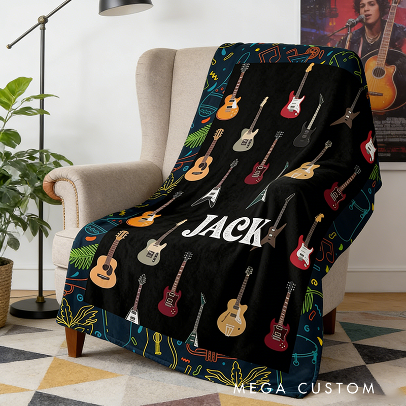 Personalized Guitar Name Blanket Fleece Sherpa Blanket with Name Electric Guitar Blanket Room Decor Cool Custom Blanket Music Lovers
