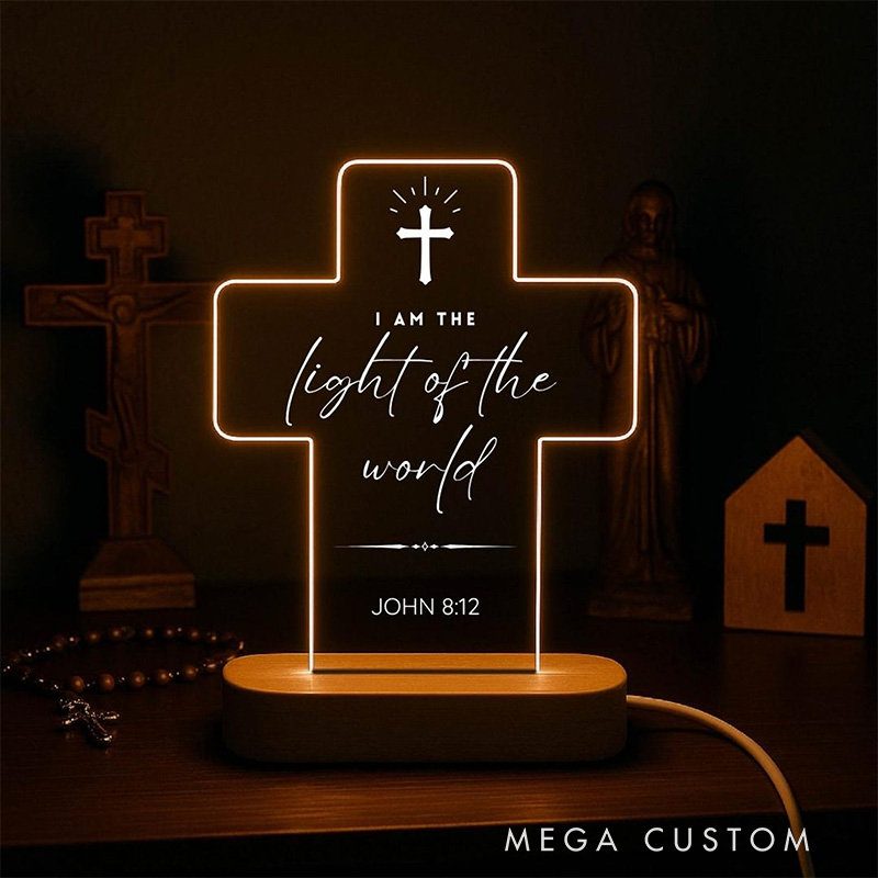 Personalized Custom Name Scripture Cross LED Night Light with Wooden Base Bedroom Decor Bible Verse Lamp Christian Gift Faith Based Gift