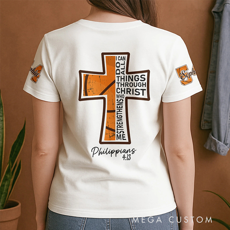Personalized Basketball and Faith T-Shirt with Philippians 4:13 and Custom Name Christian Sports Gift Religious Gift for Basketball Lover
