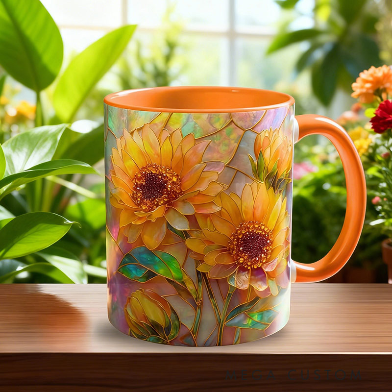 Personalized Stained Glass Sunflower Mug Floral Art Mug Custom Name for Gardening Lovers