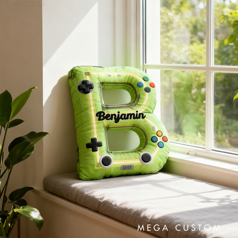 Personalized Graphic 3D Print Neon Controller Alphabet Shaped Pillow for Game Lovers Initial Pillow Christmas Gift for Kids