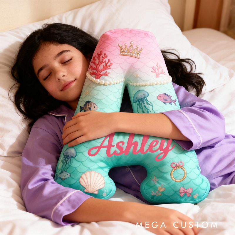 Personalized Graphic 3D Print Cartoon Ocean And Love Tale Alphabet Shaped Pillow for Cartoon Lovers Initial Pillow Christmas Gift for Kids