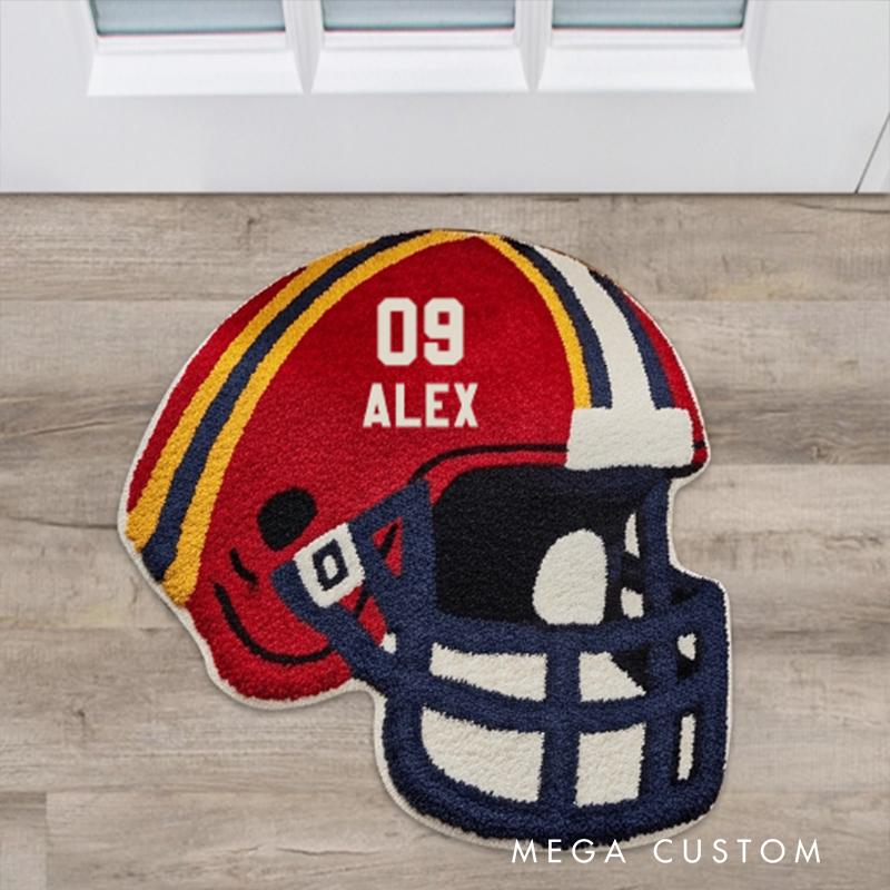 Personalize Your Football Helmet Rug with Custom Name and Number Design