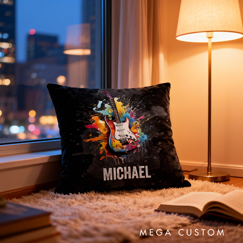 Personalized Multicolor Splash Ink Electric Guitar Pillow with Name Music Room Decor Gift for Guitar Player