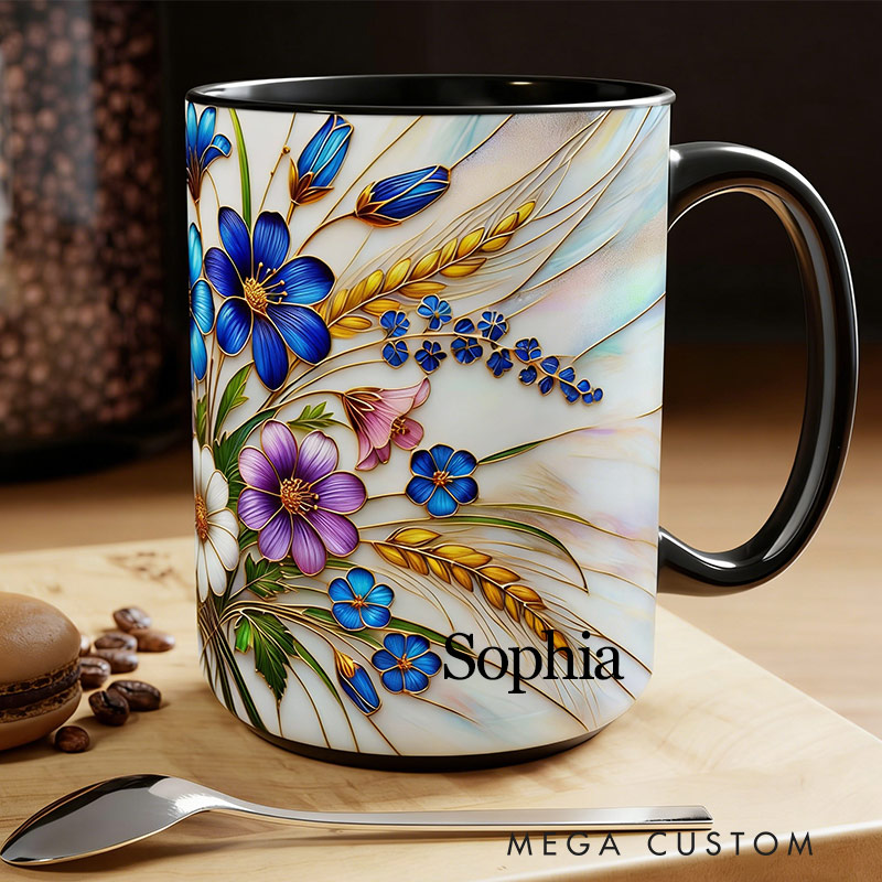 Personalized Stained Glass Floral Symphony Mug Floral Art Mug Custom Name for Gardening Lovers