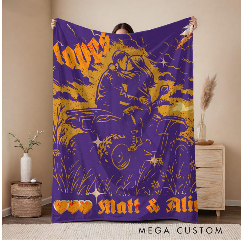 Personalized ATV Couple Velveteen Plush Blanket Custom Names and Colors Quad Rider Blanket Gift for Biker Lovers and Valentines Day