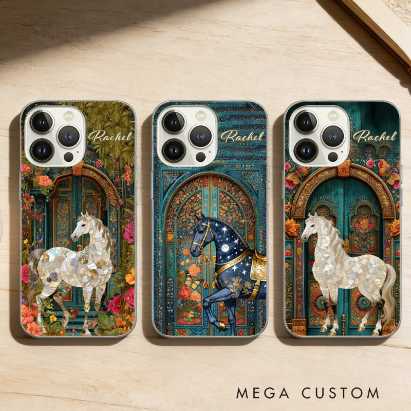 Personalized Vintage Garden Floral Horse Portable Kindle Case Phone Case with Name Daily Use Birthday Gift for Riding Lovers Equestrian Lovers Unique Style Phone Cases