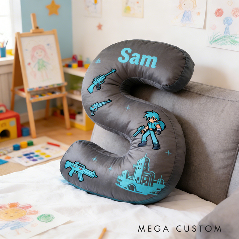 Personalized Gamer's Battle Zone Alphabet Shaped Pillow for Game Lovers Initial Pillow Christmas Gift for Kids