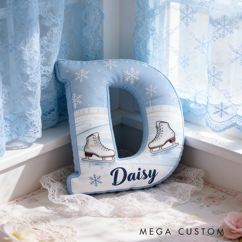 Personalized Winter Skates Alphabet Shaped Pillow for Ice Skate Lovers Initial Pillow Christmas Gift for Kids
